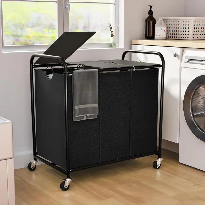 3-Bin Rolling Laundry Sorter with Lid and Removable Bags