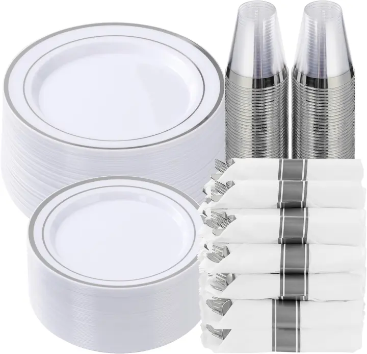 350-Piece Silver-Trim Plastic Dinnerware Set for 50 Guests