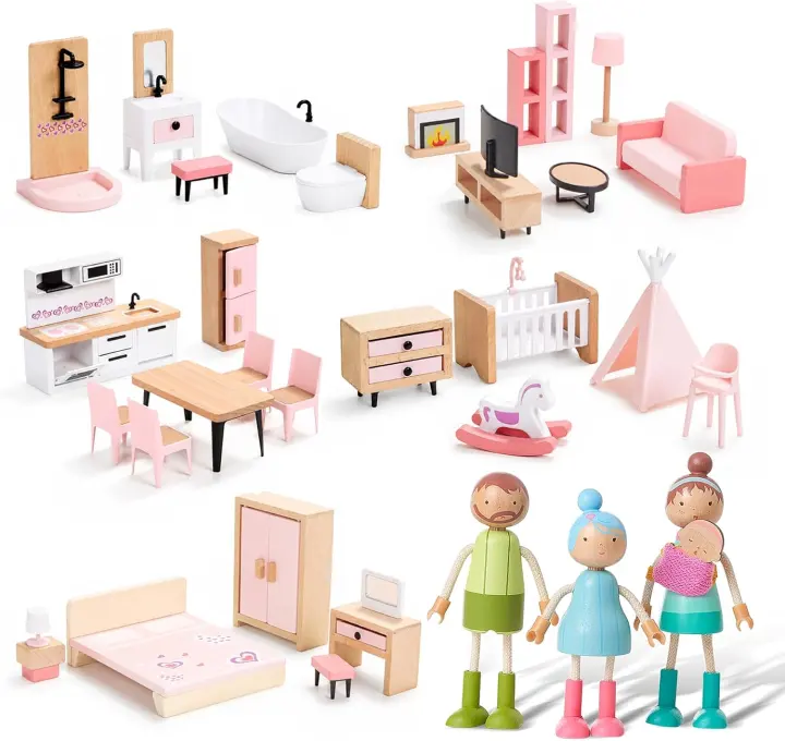 36-Piece Wooden Dollhouse Furniture Set with Dolls — 5 Rooms