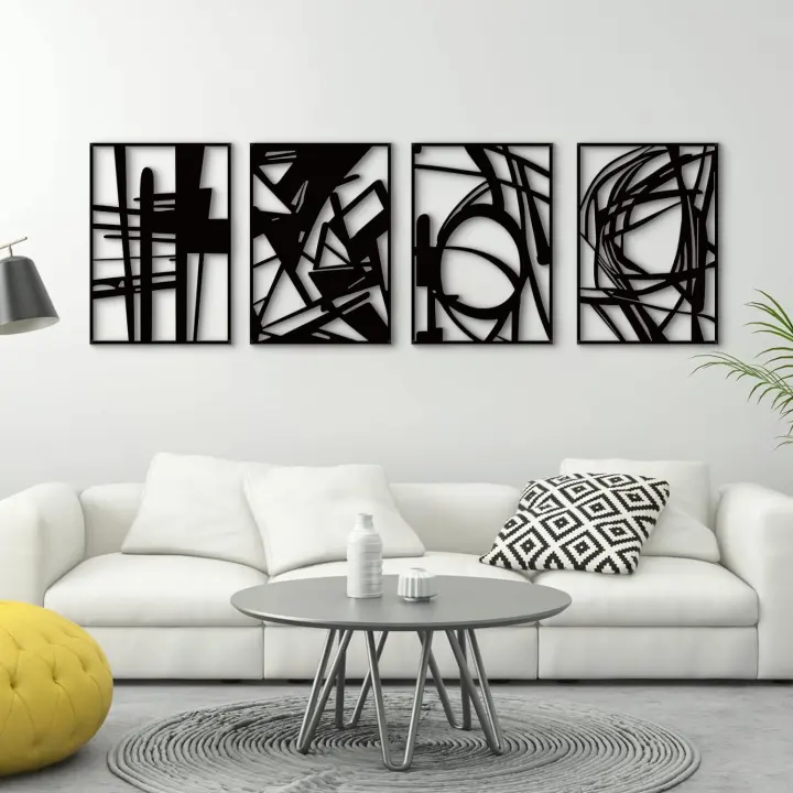 4-Pack Black Abstract Metal Wall Art — Minimalist 3D Line Sculptures