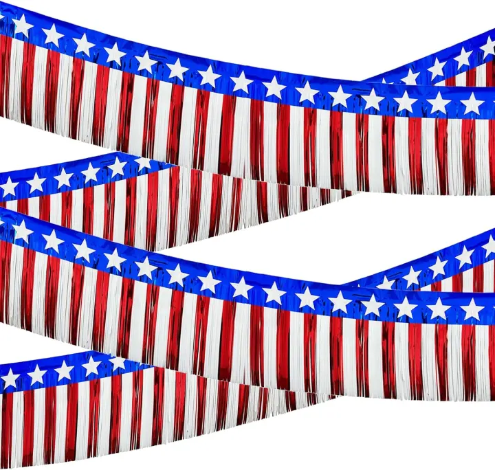 4-Pack Patriotic Foil Fringe Garland for Parade Floats — 10 ft x 15 in