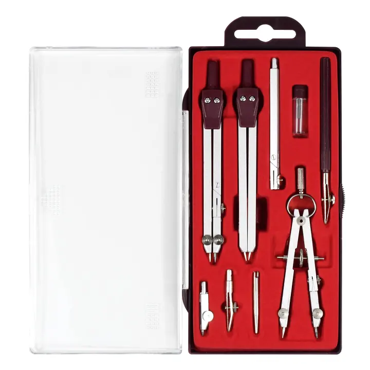 9-Piece Metal Geometry Compass Set — Precision Drafting Tools (Red)