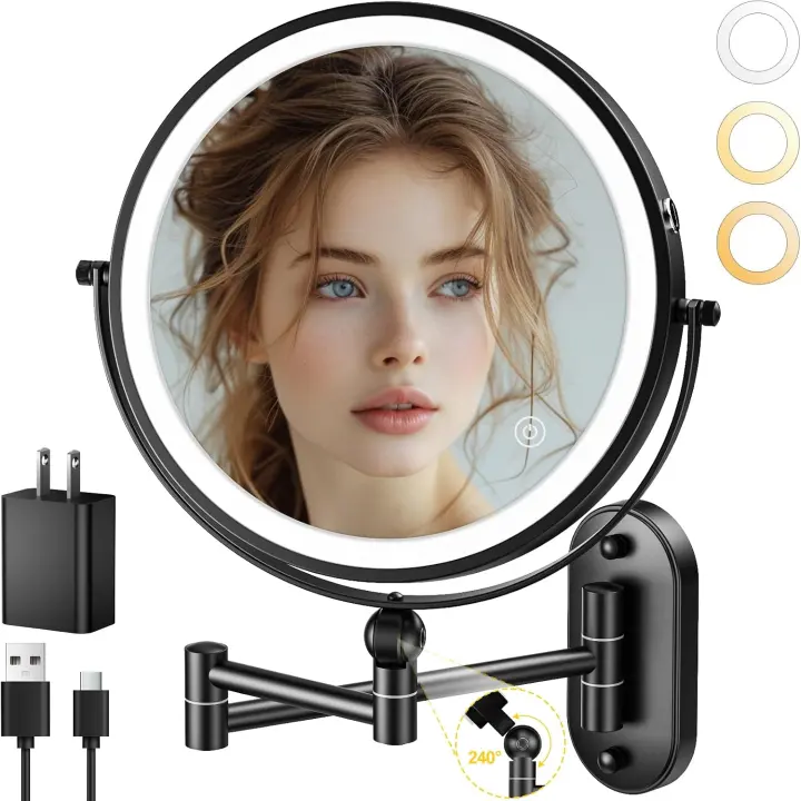 9" Wall-Mounted Lighted Makeup Mirror — Rechargeable 1X/10X Magnifier