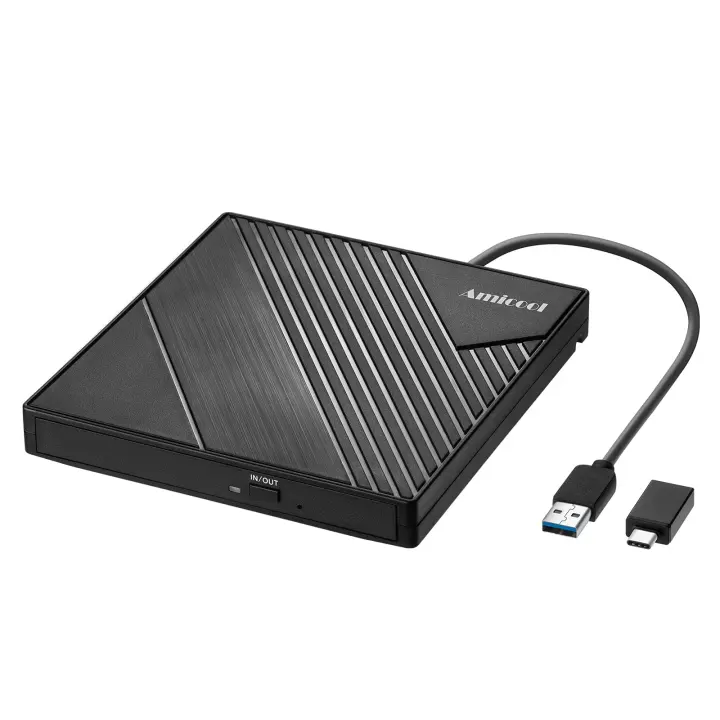 Amicool Slim External DVD/CD Drive — USB 3.0 & USB‑C Portable Optical Drive