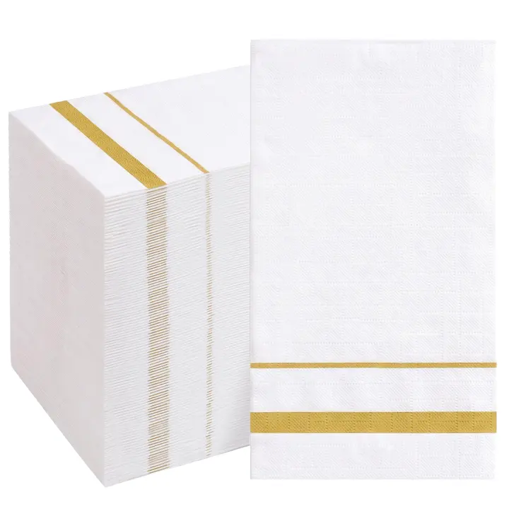 Disposable 3-Ply White Paper Napkins with Double Gold Trim — 200 Pack