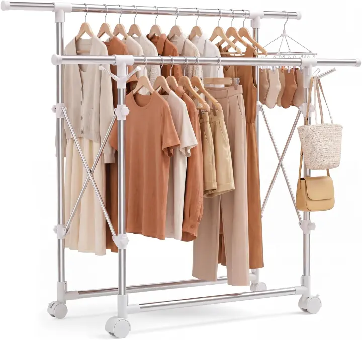 Foldable Stainless Steel Clothes Drying Rack — Adjustable Double-Rod Stand