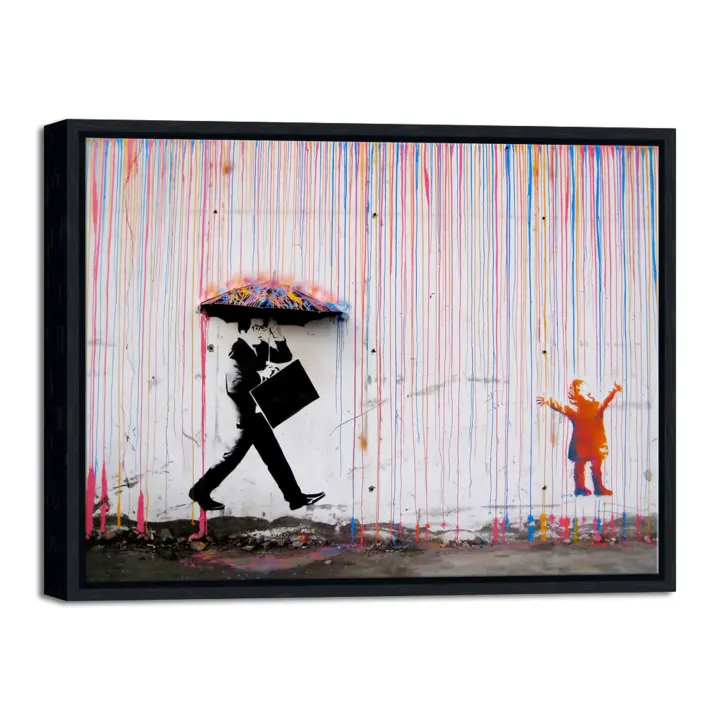 Framed Banksy-Style 'Raining Girl' Canvas — Modern 17×13 Wall Art