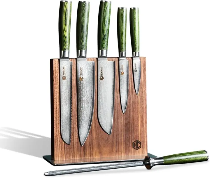 HexClad Green 7-Piece Japanese Damascus Knife Set with Magnetic Block