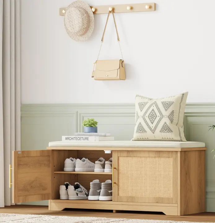 Rattan Entryway Shoe Storage Bench — 39.4" Wide, Natural Oak