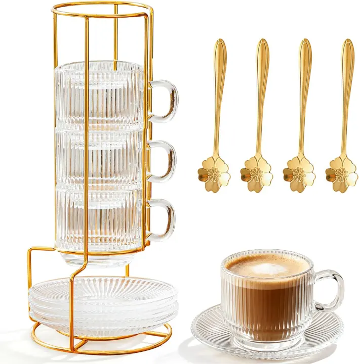 Stackable Glass Espresso Cup Set — 4 × 5.4 oz with Saucers & Stand