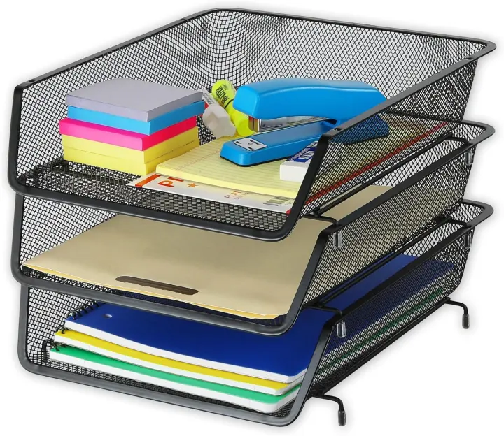 Stackable Letter Tray Organizer — 3-Pack Black Steel Mesh