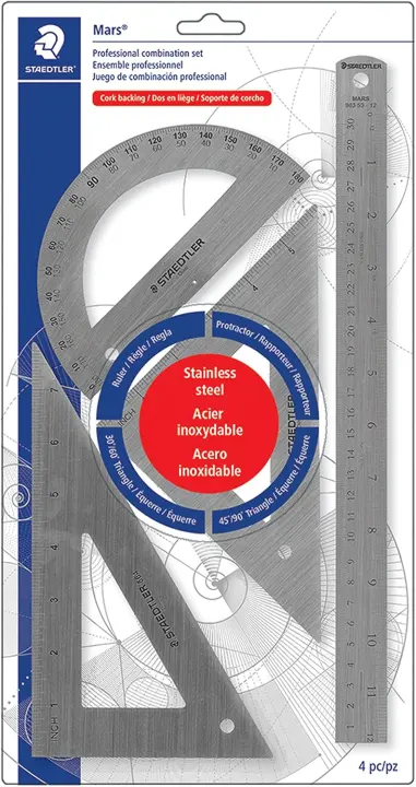 Stainless Steel Math Drawing Set — Ruler, Triangles & Protractor