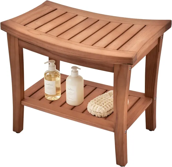 Teak Shower Bench 20" with Shelf — Waterproof Non-Slip Bath Stool