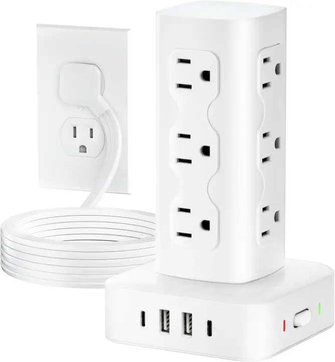 Tower Surge Protector Power Strip — 12 Outlets & 4 USB (2 USB-C)