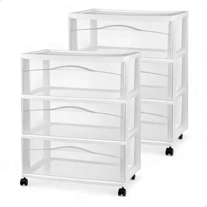 Wide 3-Drawer Rolling Storage Cart — 2-Pack Plastic Organizer