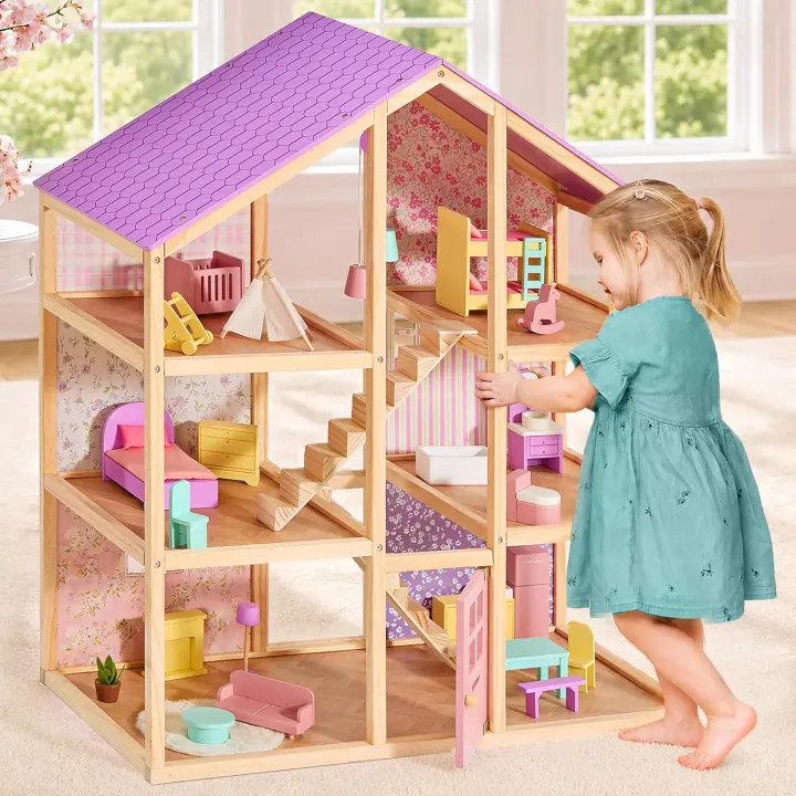 Wooden 6-Room Dollhouse — 3-Story Playhouse with 31 Furnishings